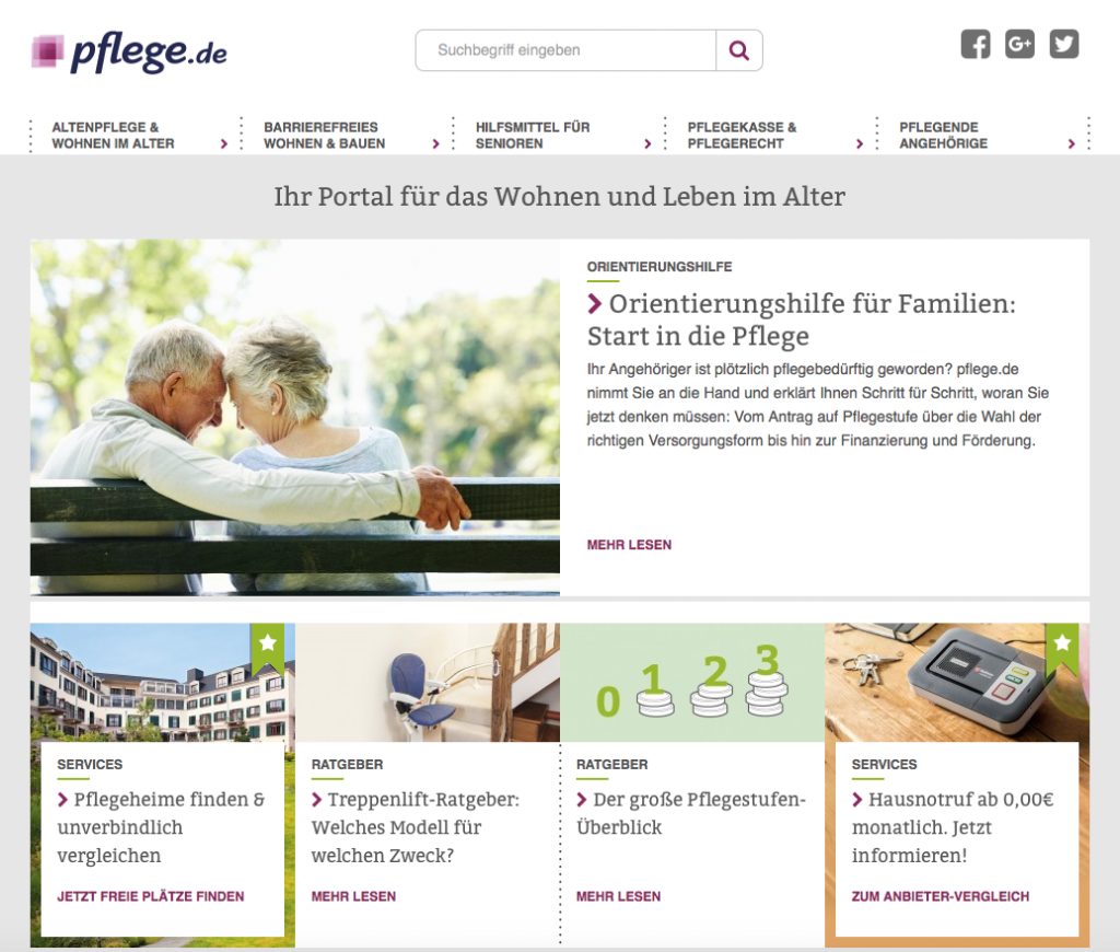 Screenshot von pflege.de (nach dem Relaunch)